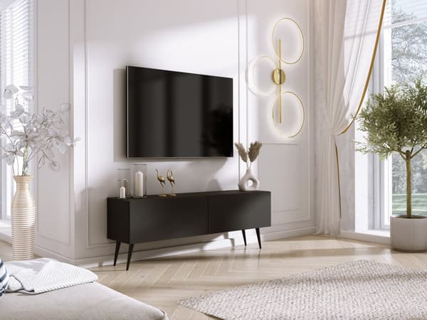 TV-skab: til længde, til hylder, Farve: mat sort, sorte ben, Møbelmål: bredde: 140 cm, højde: 52 cm, bredde: 32 cm