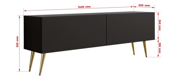 TV-møbel: til låger, til hylder, Farve: matsort, guldben, Møbelmål: bredde: 140 cm, højde: 52 cm, bredde: 32 cm