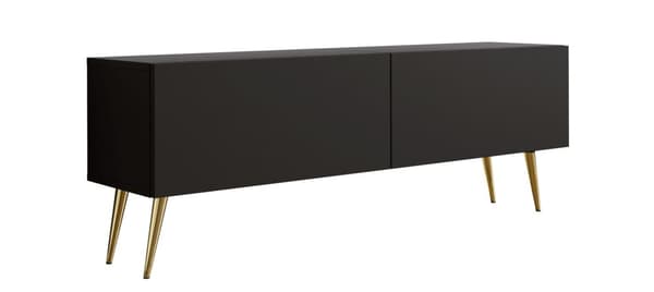 TV-kaappi: kaksi ovea, kaksi hyllyä, Väri: mattamusta, kultaiset jalat, Kalusteen mitat: l: 140 cm, k: 52 cm, s: 32 cm