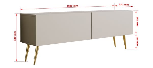 TV-kaappi: kaksi ovea, kaksi hyllyä, Väri: kashmir kultaiset jalat, Kalusteen mitat: l: 140 cm, k: 52 cm, s: 32 cm