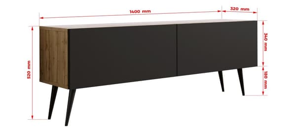 TV-skåp: två dörrar, två hyllor, Färg: Wotan ek / mattsvart, svarta ben, M: bredd: 140 cm, höjd: 52 cm, djup: 32 cm