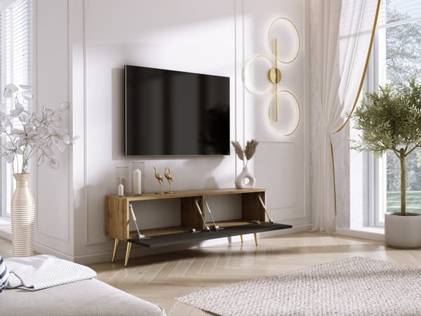TV-skab: til låger, til hylder, Farve: Wotan eg / mat sort, guldben, Møbelmål: bredde: 140 cm, højde: 52 cm, bredde: 32 cm