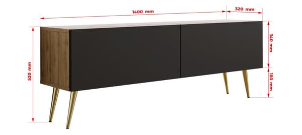 TV-skab: til låger, til hylder, Farve: Wotan eg / mat sort, guldben, Møbelmål: bredde: 140 cm, højde: 52 cm, bredde: 32 cm