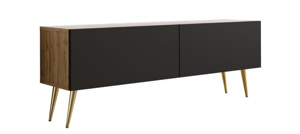 TV-skab: til låger, til hylder, Farve: Wotan eg / mat sort, guldben, Møbelmål: bredde: 140 cm, højde: 52 cm, bredde: 32 cm