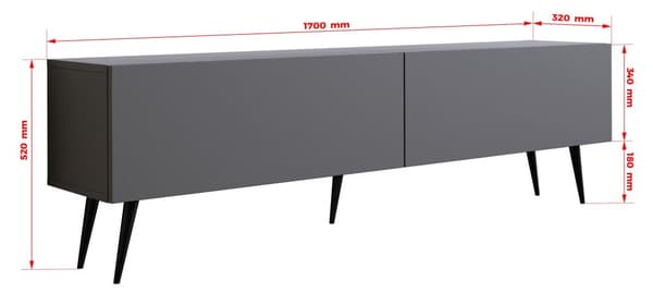 TV-skåp: två dörrar, två hyllor, Färg: antracit, svarta ben, M: bredd: 170 cm, höjd: 52 cm, djup: 32 cm