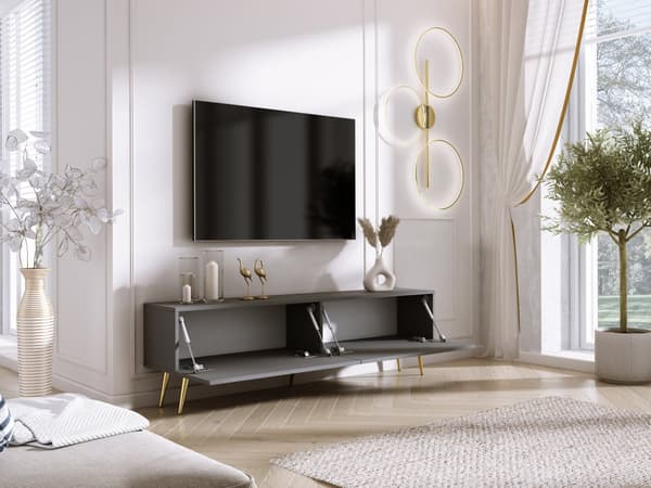 TV-skåp: två dörrar, två hyllor, Färg: antracit, guldben, M: bredd: 170 cm, höjd: 52 cm, djup: 32 cm