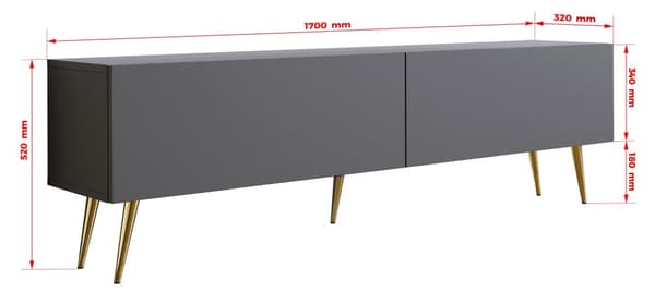 TV-skåp: två dörrar, två hyllor, Färg: antracit, guldben, M: bredd: 170 cm, höjd: 52 cm, djup: 32 cm