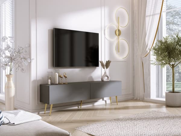 TV-skåp: två dörrar, två hyllor, Färg: antracit, guldben, M: bredd: 170 cm, höjd: 52 cm, djup: 32 cm