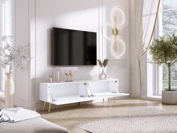TV-skab: til låger, til hylder, Farve: mat hvid / blank hvid, guldben, Møbelmål: bredde: 170 cm, højde: 52 cm, bredde: 32 cm
