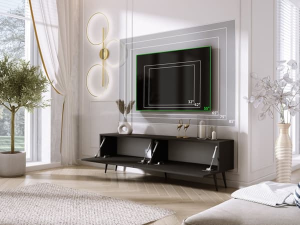 TV-skåp: två dörrar, två hyllor, Färg: mattsvart / blank svart, svarta ben, M: bredd: 170 cm, höjd: 52 cm, djup: 32 cm