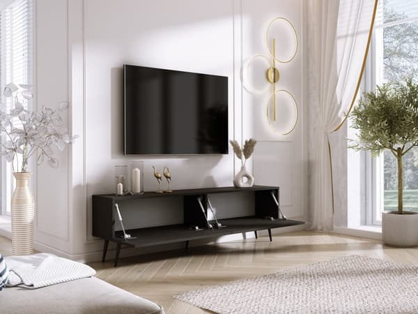TV-kaappi: kaksi ovea, kaksi hyllyä, Väri: mattamusta, mustat jalat, Kalusteen mitat: l: 170 cm, k: 52 cm, s: 32 cm
