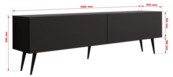 TV-kaappi: kaksi ovea, kaksi hyllyä, Väri: mattamusta, mustat jalat, Kalusteen mitat: l: 170 cm, k: 52 cm, s: 32 cm