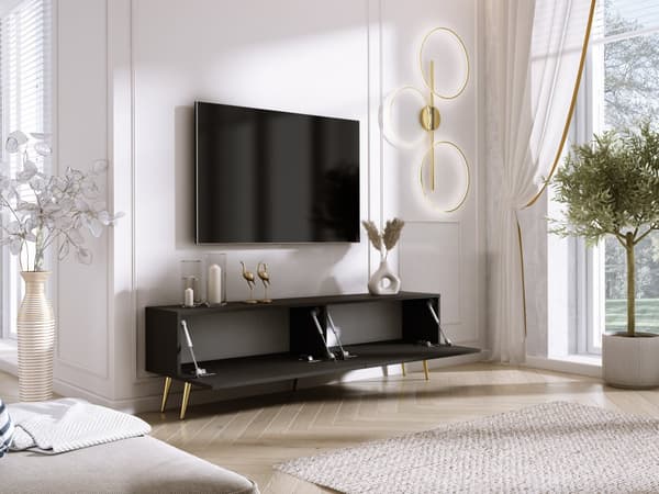 TV-skåp: två dörrar, två hyllor, Färg: mattsvart, guldben, M: bredd: 170 cm, höjd: 52 cm, djup: 32 cm