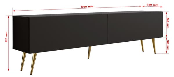 TV-skåp: två dörrar, två hyllor, Färg: mattsvart, guldben, M: bredd: 170 cm, höjd: 52 cm, djup: 32 cm