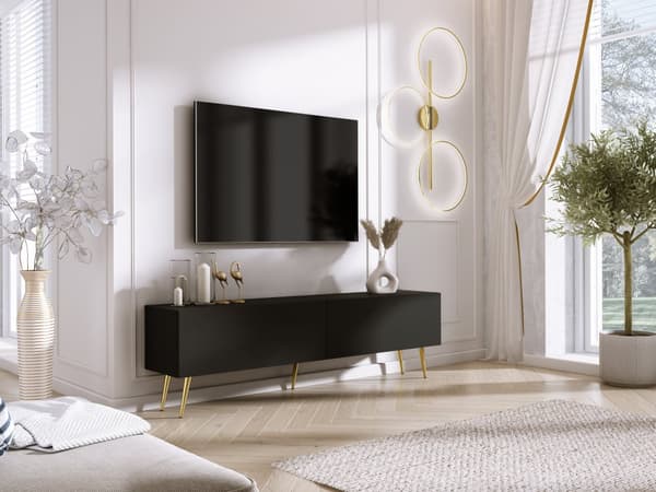 TV-skåp: två dörrar, två hyllor, Färg: mattsvart, guldben, M: bredd: 170 cm, höjd: 52 cm, djup: 32 cm