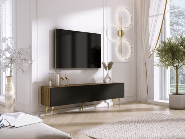 TV-kaappi: kaksi ovea, kaksi hyllyä, Väri: Wotan tammi / matta musta, kultaiset jalat, Kalusteen mitat: l: 170 cm, k: 52 cm, s: 32 cm