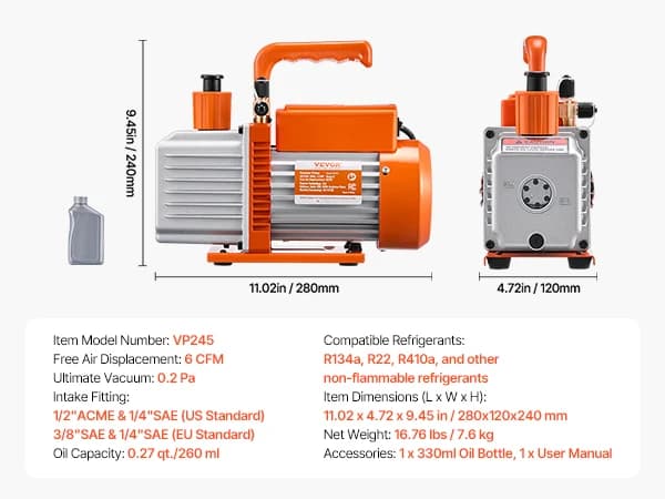 6 CFM Imupumppu, 2-vaiheinen rakenne, yhteensopiva R134a, R22, R410a kanssa,6CFM 1-2HP 2 Vaihe