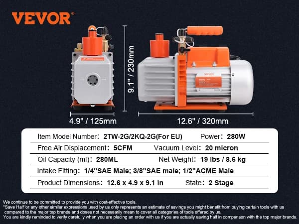 Imupumppu, 3.5/5/7CFM, Öljykapasiteetti 250 ML,5CFM 250W 2 Vaihe, EU