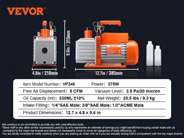 Vakuumpump, 3.5/5/7CFM, Oljevolym 250 ML,5CFM 375W 2 Steg, EU