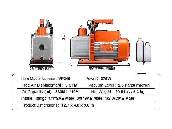 Vakuumpump, 3.5/5/7CFM, Oljevolym 250 ML,5CFM 375W 2 Steg, EU