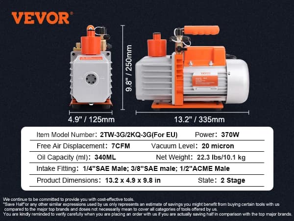 Imupumppu, 3.5/5/7CFM, Öljykapasiteetti 250 ML,EU, 7CFM 370W 2 Vaihe