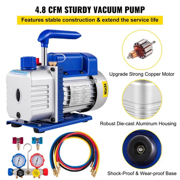 Vakuumpump, 4,8 CFM prestanda, 1/4 HP motor, inkluderar 4-vägs mätarsats