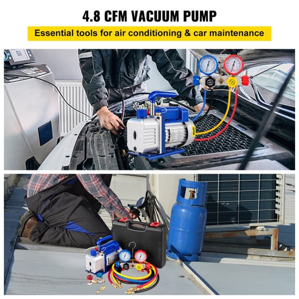Vakuumpump, 4,8 CFM prestanda, 1/4 HP motor, inkluderar 4-vägs mätarsats