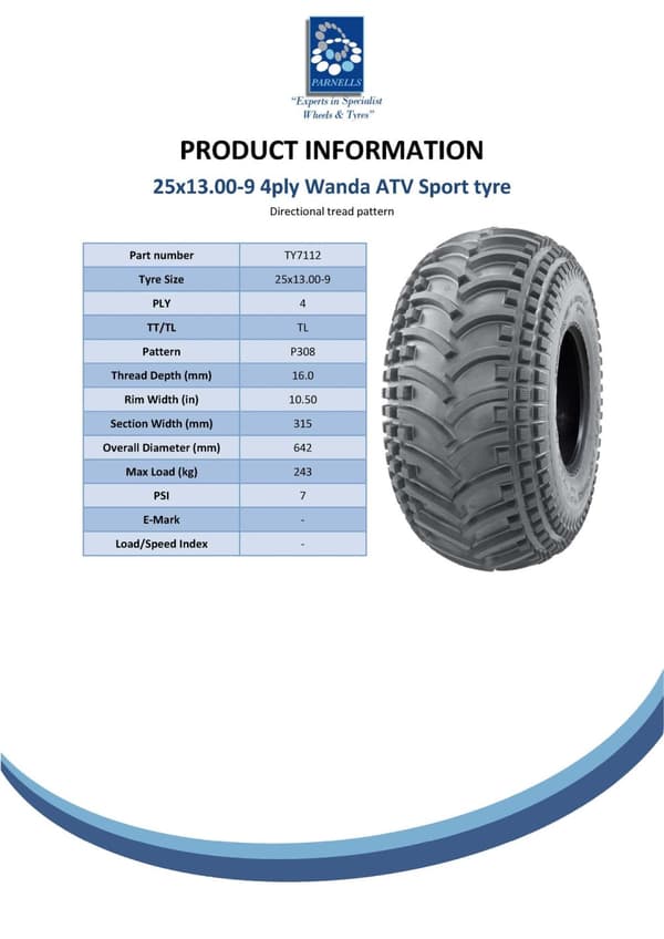 25x13.00-9 quad-dæk - Wanda P308 25x13-9 slangeløst og slidstærkt 4-lags ATV-dæk