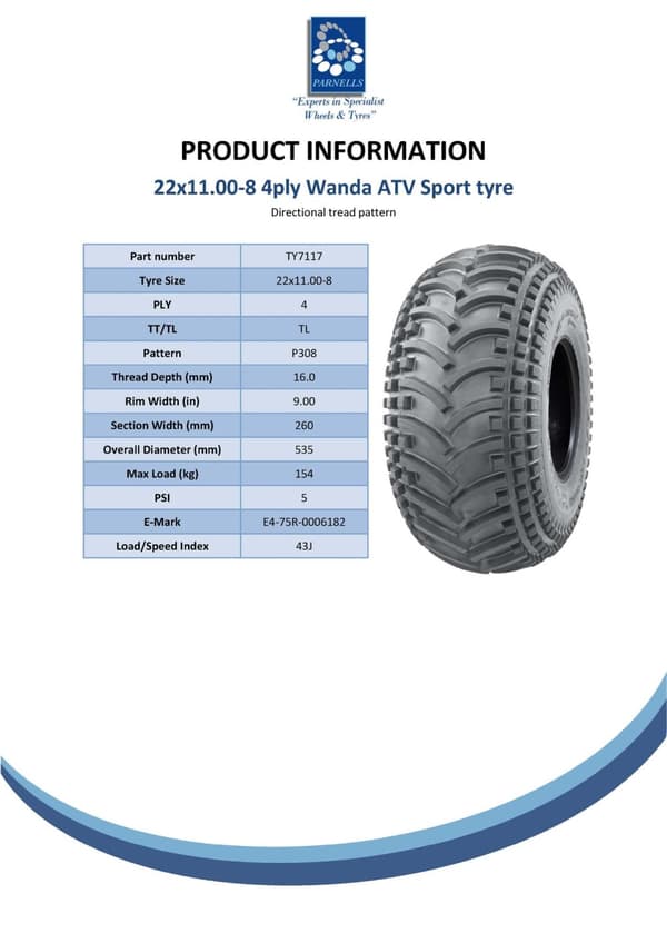 22x11.00-8 quad ATV rengas, 22 11 8 ATV renkaat Wanda P308 E merkitty tieliikennelain mukainen rengas.