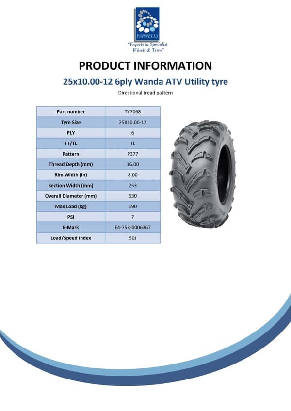 25x10.00-12 Quad-dæk 6ply, ATV-dæk, 7psi P377, ATV-dæk, E-mærket, vejgodkendt.