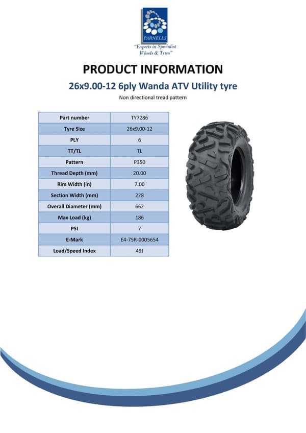 26x9.00-12 ATV-däck 6ply 7psi - Wanda P350 6ply Emarked, road legal, fyrhjulingsdäck.