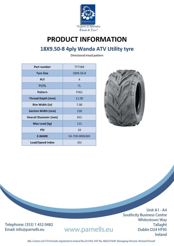 18x9.50-8 ATV-mönkijän rengas, perävaunu 18 950 8 Wanda Dirt trail "E" merkitty tie oikeudellinen
