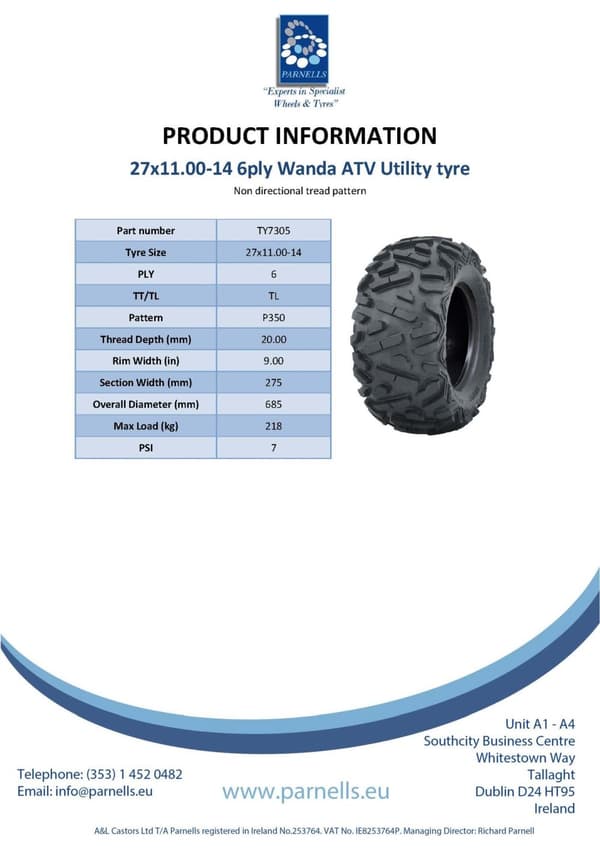 27x11.00-14 ATV Quad rengas Wanda P350 6ply E-Marked Road Legal All-Terrain rengas