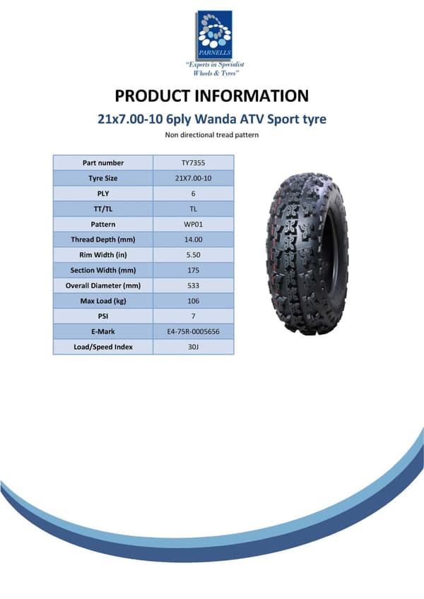 21x7.00-10 Slasher ATV Quad renkaat WP01 Wanda Race 6ply E merkityt renkaat (3 kpl)