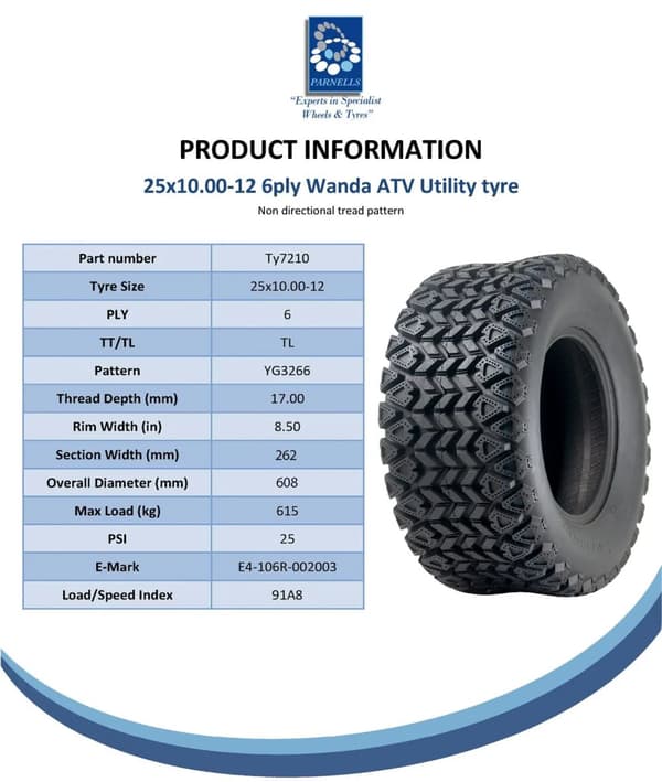25x10.00-12 Wanda YG3266 6-kertainen E-merkitty hyötyajoneuvon rengas 25 10 12 UTV-rengas - 2 kpl sarja
