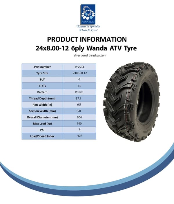 24x8.00-12 Quad ATV-dæk 6ply Wanda P3128 E-Marked Road Legal 40J (sæt med 2)