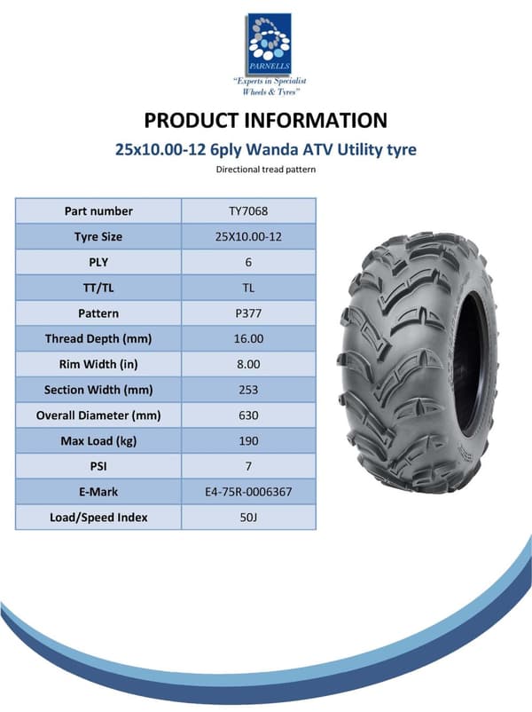 Parnells - 4 sets Quad Tubeless banden – 25 x 10 – 12 en 25 x 8 – 12, 6-laags – diameter 630 mm en 638 mm, maximale belasting 190 kg en 155 kg – voor Atv, E-keurmerk, straatvergunning Parnells - 4 sets Quad Tubeless banden – 25 x 10 – 12 en 25 x 8 – 12, 6-laags – diameter 630 mm en 638 mm, maximale belasting 190 kg en 155 kg – voor Atv, E-keurmerk, straatvergunning
