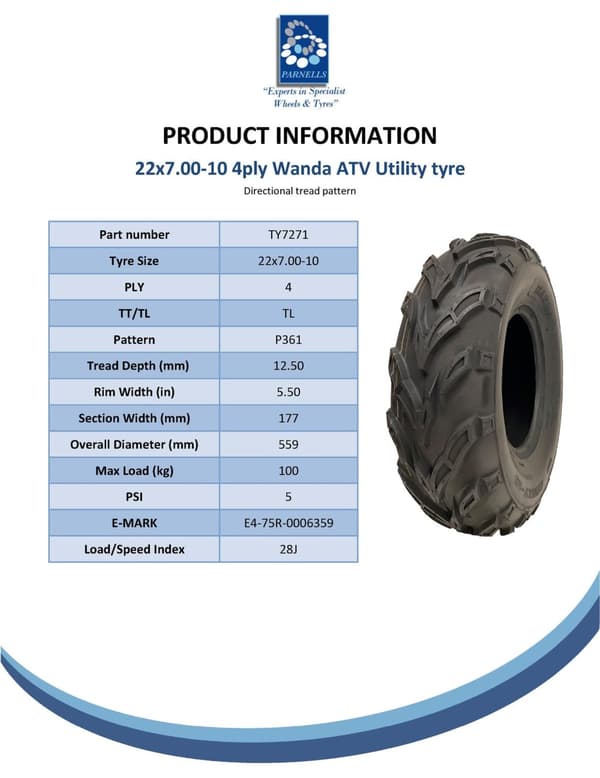 22x7.00-10 ATV Quad-dæk Wanda P361 Dirt Trail E-Marked Road Legal (sæt med 4)
