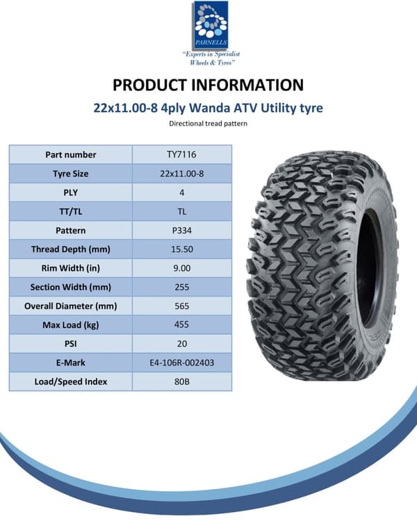 22x11.00-8 Utility ATV-dæk Grass Mower 4ply Road Legal Wanda P334 (sæt med 2)