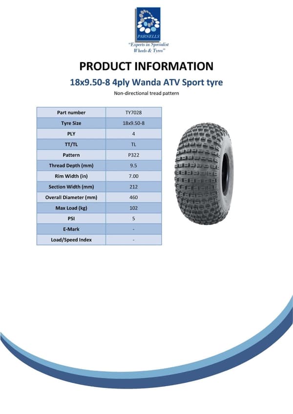 18x9.50-8 ATV Knobby rengas asennettu 4 Stud 100mm PCD vanteelle Wanda P322 (3 kpl) (sarja)