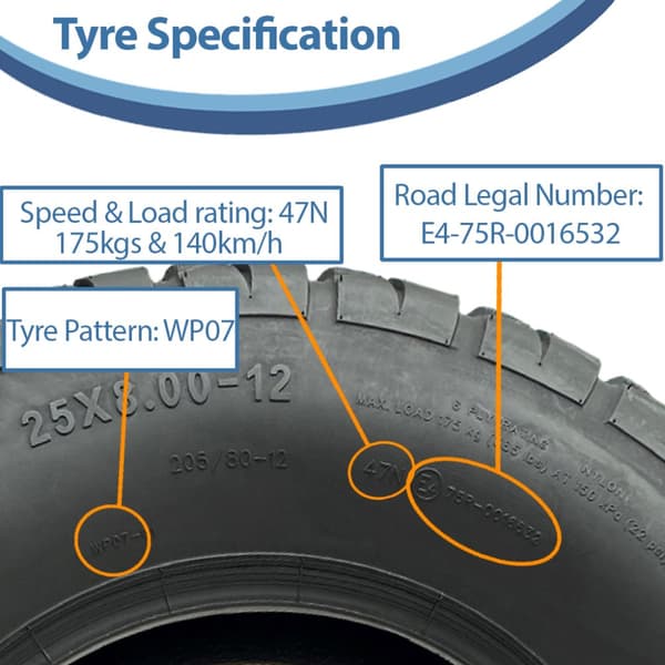 25x8.00-12 (205/80-12) ATV-dæk 6ply WP07 OBOR Beast 47N Road Legal (sæt med 3)