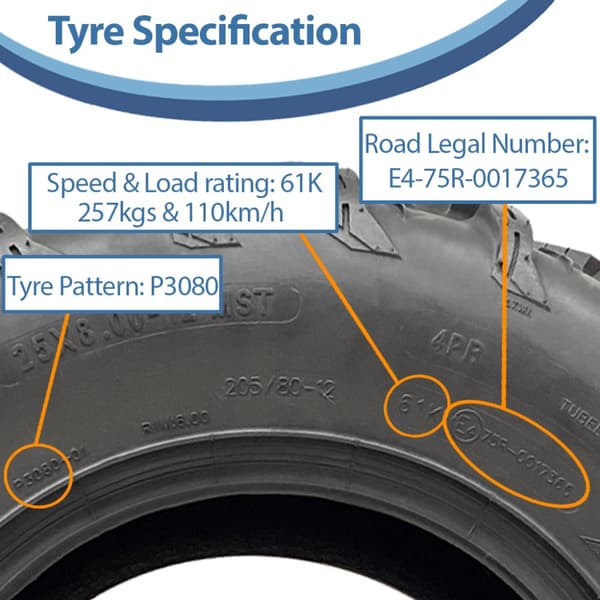 25x8.00-12 ATV-däck 205/80-12 4ply P3080 OBOR Pinacle 61K Road Legal (uppsättning om 3)