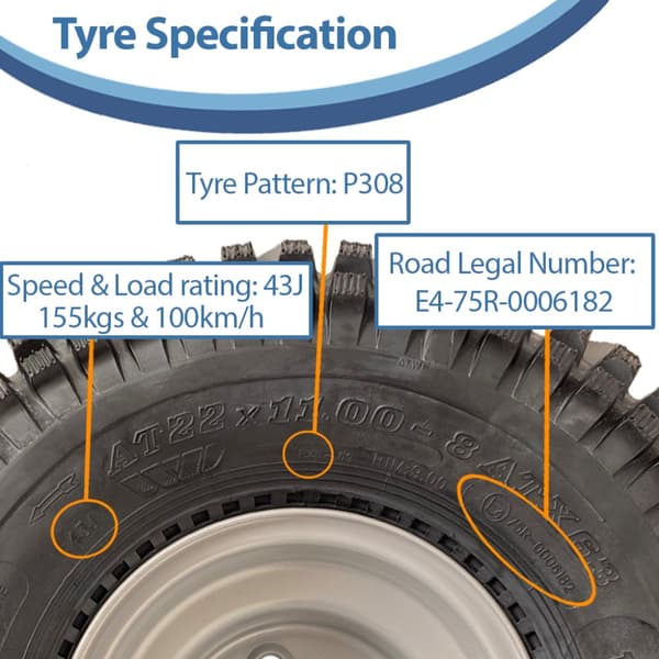 22x11.00-8 ATV Quad rengas Wanda P308 Road Legal 4 Stud 4 tuuman PCD-vanteet (2 kpl)