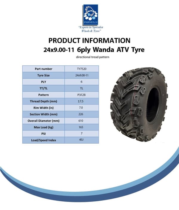 24x9.00-11 Quad ATV renkaat 6ply Wanda P3128 Tubeless Speed & Load 45J (2 kpl) (sarja)