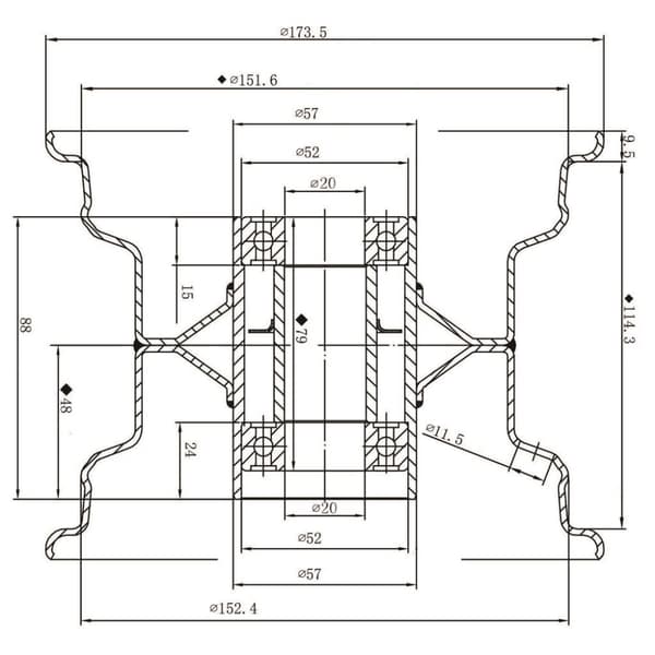4.50x6 fælg stålhjul svejset 20 mm kugleleje 80 mm navlængde + hætte (sæt med 4)