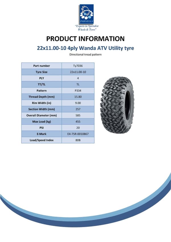 22x11.00-10 yleiskäyttöön tarkoitettu rengas, ruohonhoito, ruohonleikkuri, mönkijän rengas, 4-kertainen rengas - Wanda P334.