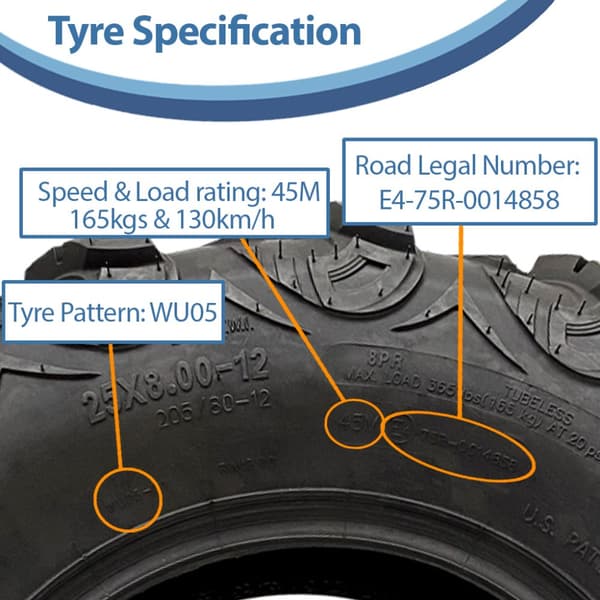 25x8.00-12 ATV Quad rengas OBOR Mudsling WU05 Tubeless E-Marked Road Legal 165kgs