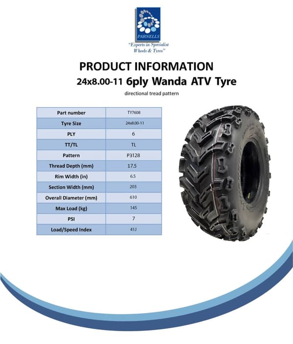 24x8.00-11 Quad ATV Däck 6ply Wanda P3128 E-Marked Road Legal Tubeless 41J Däck