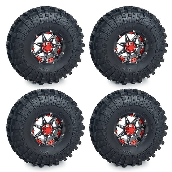 RC Crawler Hjul, Metal Beadlock Design, 137mm Gummidæk, Rød Sort Sæt