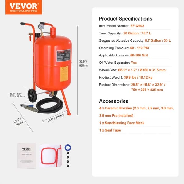 Sandblæser, 20 gallons kapacitet, 60-110 PSI drift,20 gallon